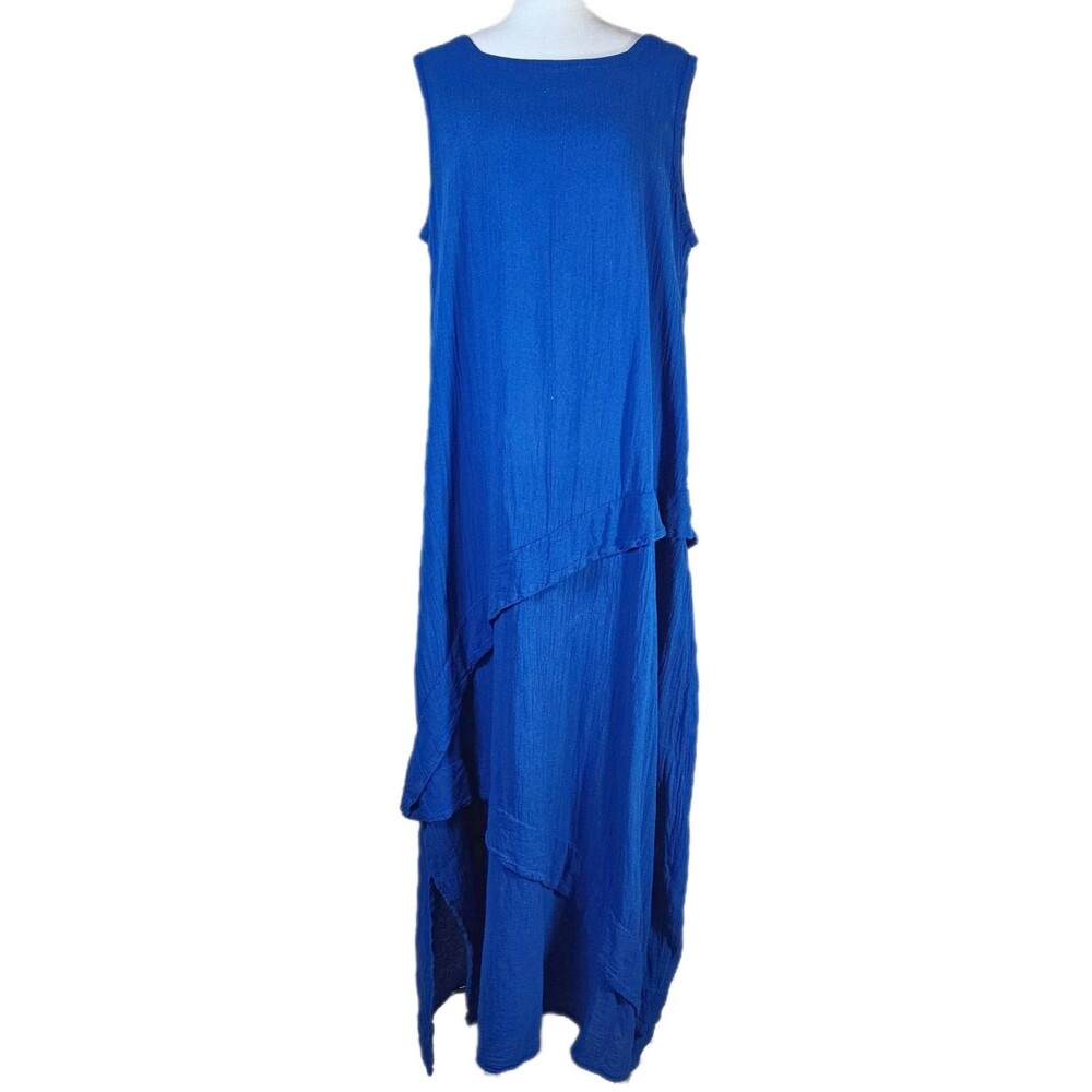 Oh My Gauze! Blue Ruffle Maxi Dress Women's 2 L XL Lagenlook Cotton Square Neck